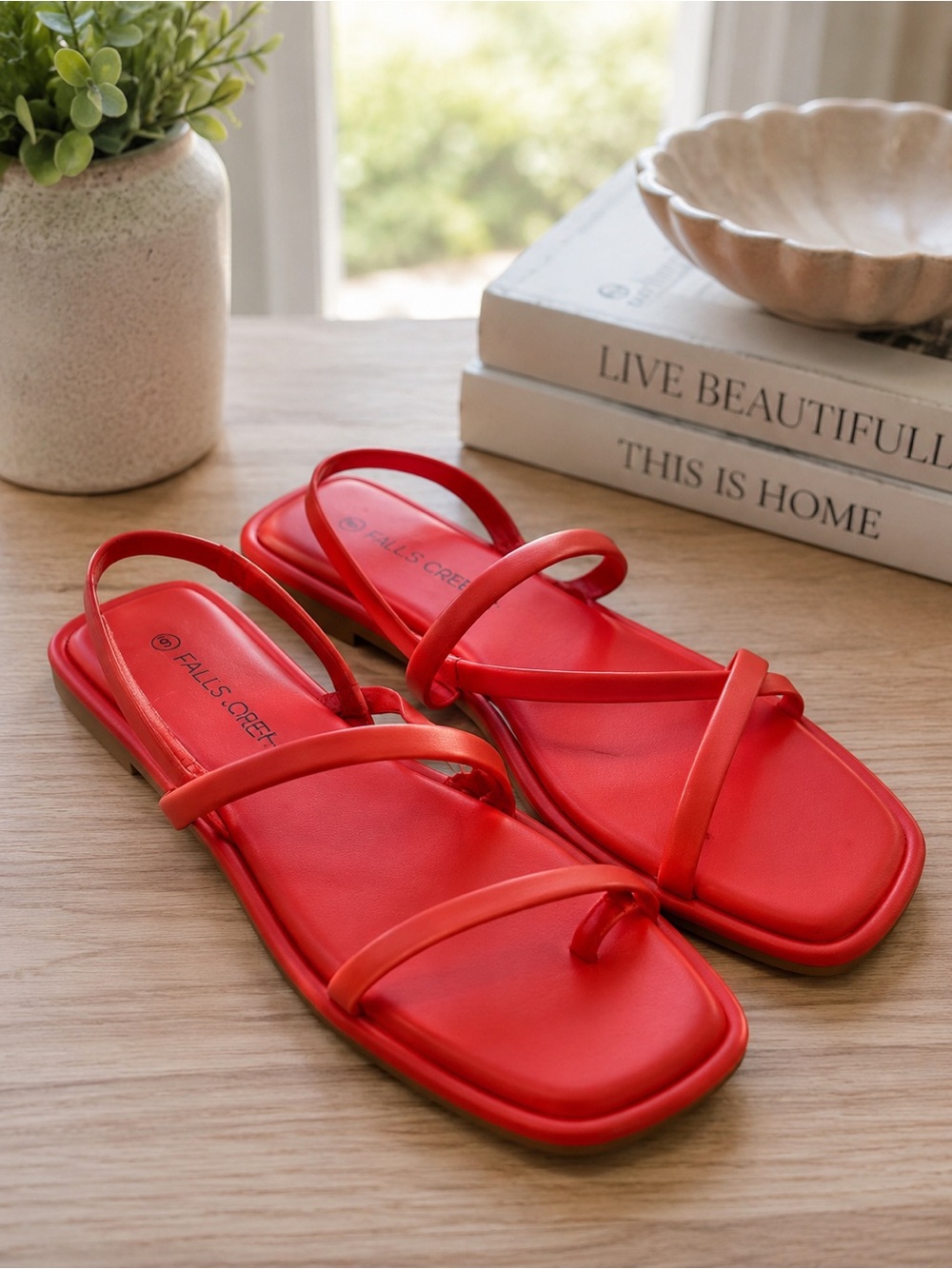 Falls Creek Red Strappy Flat Sandals
